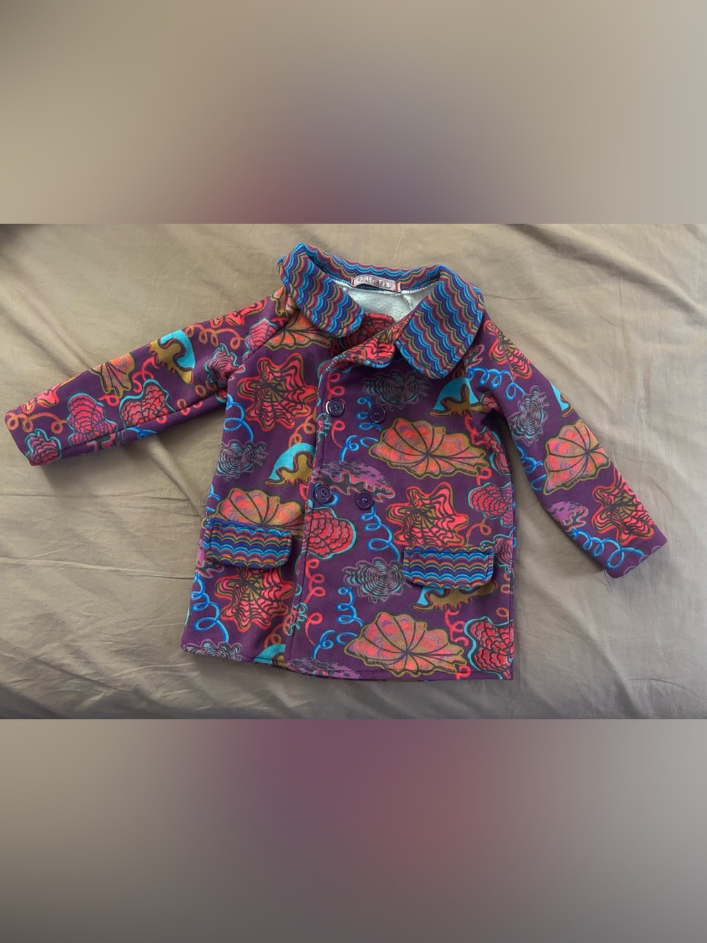 Jelly The Pug Purple Floral Double-Breasted Coat with Scallop Collar 4/5T